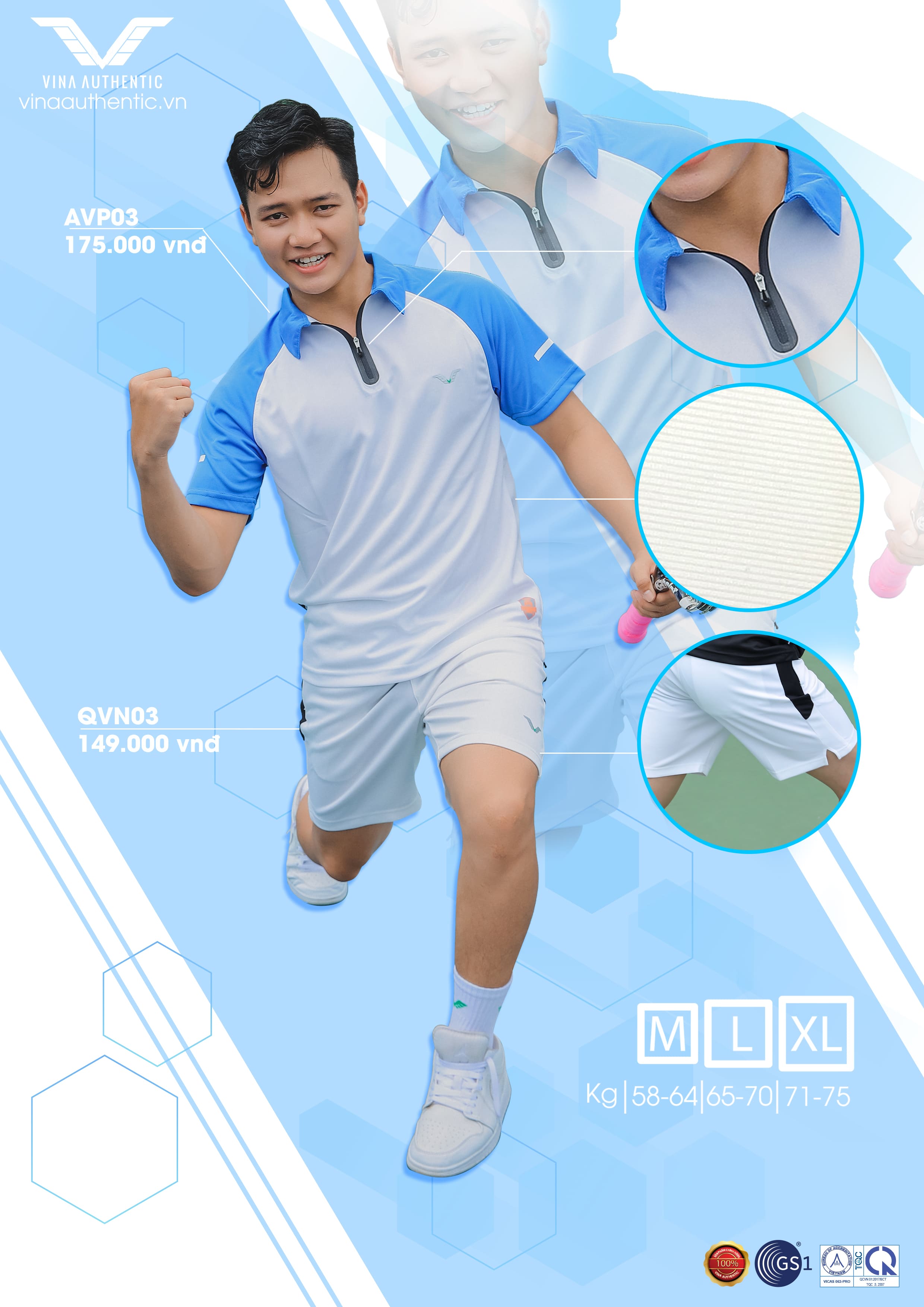 Set bộ nam thể thao TENNIS - NEWP03 Vina Authentic, chất đẹp chuẩn dáng, thấm hút mồ hôi