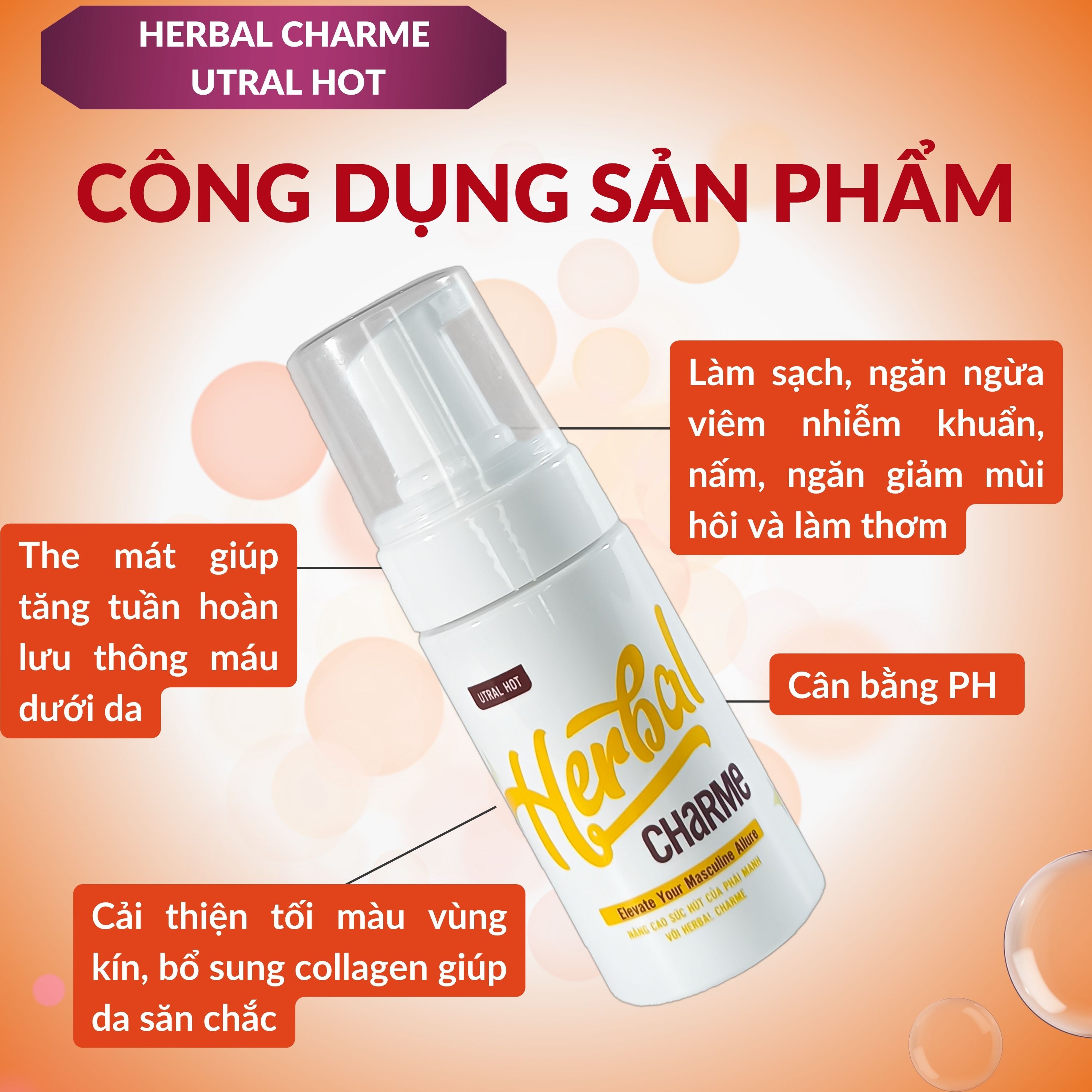 HERBAL CHARME (UTRAL HOT) Dung Dịch Vệ Sinh Nam Giới Khử Mùi Tạo Bọt Hương Thơm Nam Tính Giúp Làm Sạch Sâu Chai 100ml