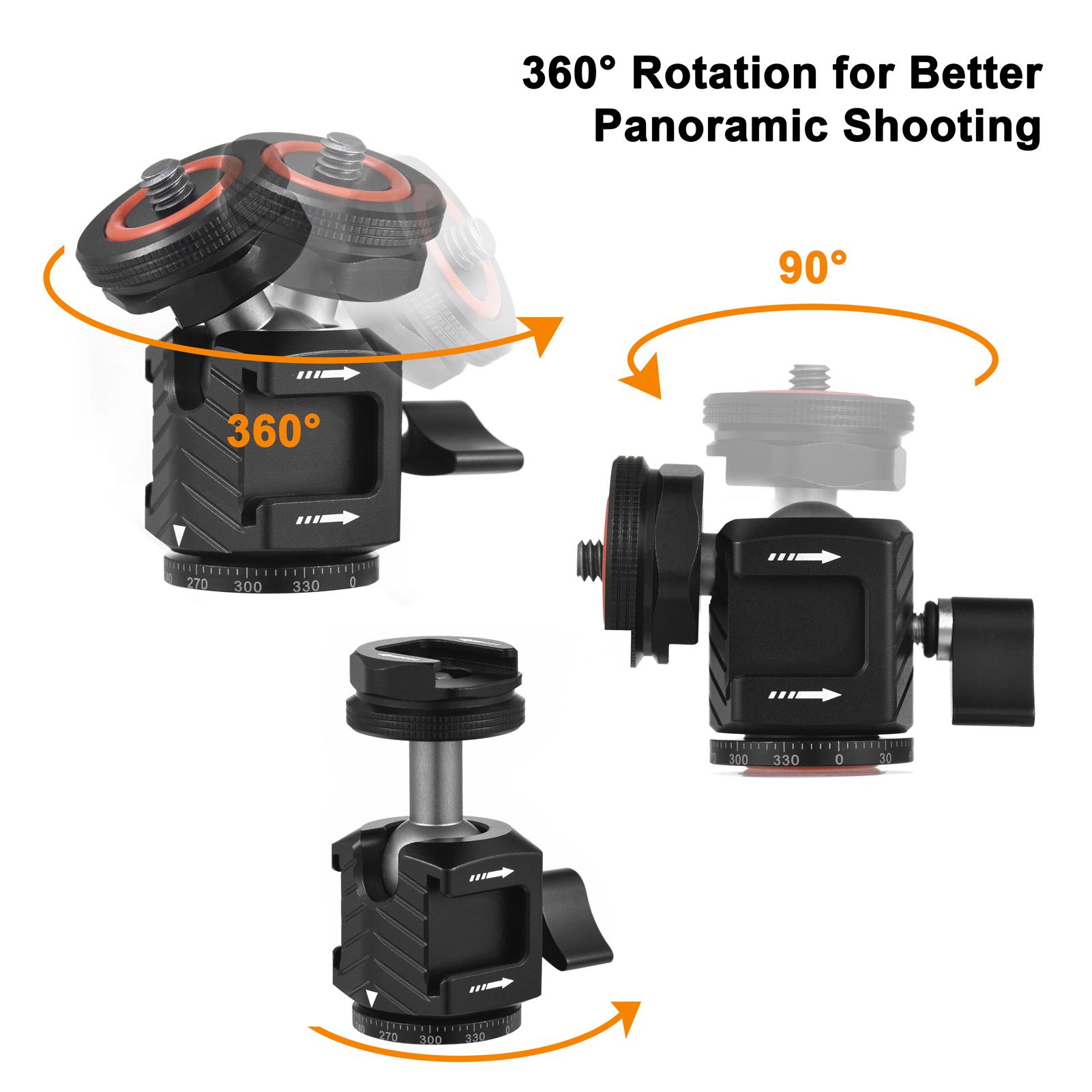 Multi-functional Mini Ball Head 360°Rotatable Aluminum Alloy Ballhead Adapter Tripod Head 1/4 Inch Screw and Cold Shoe Connection with Dual Side Cold Shoe Mounts for DSLR Camera LED Video Light Microphone