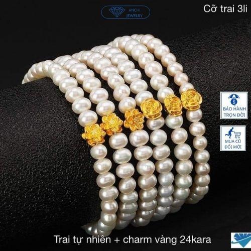 Vòng tay ngọc hạt trai mix charm hoa hồng( hoa sen) vàng phong thủy may mắn 24k, Anchi jewelry