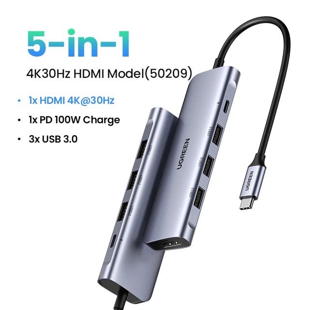 Bộ chuyển đổi UGREEN USB C 4K HDMI chia 3 cổng 5 trong 1 đa năng tiện dụng cho máy tính hàng chính hãng