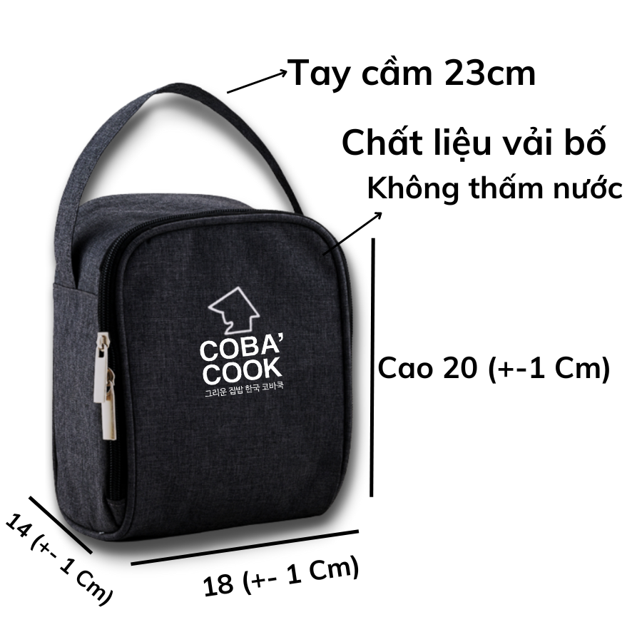 Túi đựng hộp cơm hình vuông logo COBA'COOK- 3 hộp dung tích 370 ml. Giấy bạc giữ nhiệt và 2 khóa kéo tiện dụng-CBS