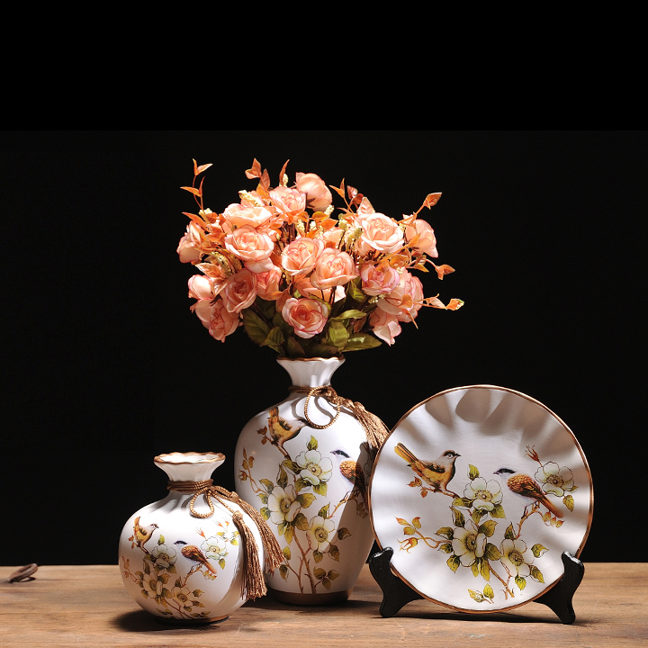 Bộ 3 món đĩa bình sứ decor trang trí nhà cửa kiểu dáng sang trọng