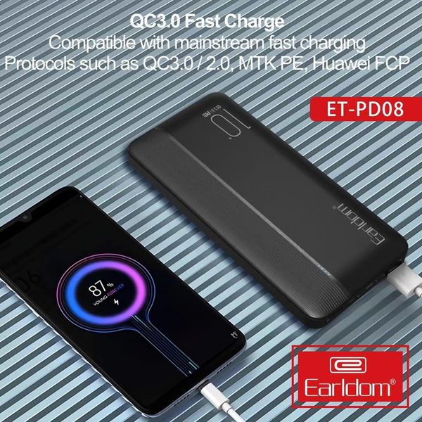 Pin sạc dự phòng 10.000 mAh Earldom PD08, 2 cổng vào Micro và Type C, công nghệ sạc nhanh QC 3.0, thiết kế nhỏ gọn dễ dàng mang theo, dùng cho iPhone/ Samsung/Oppo/Xiaomi/ – hàng chính hãng