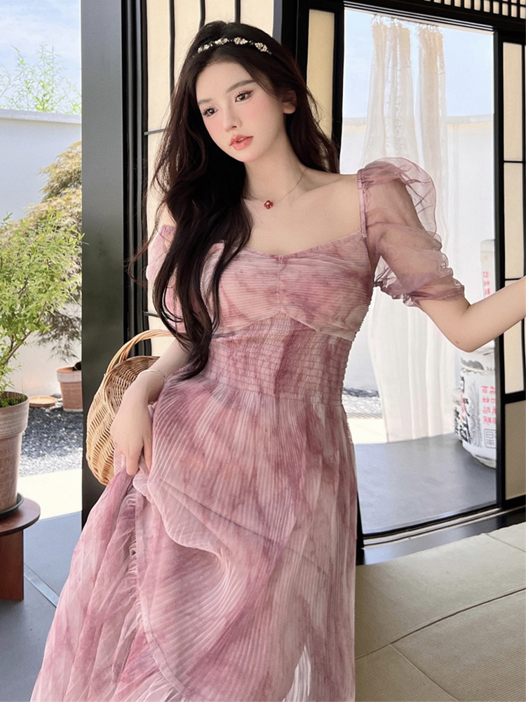 Đầm hồng đi biền, váy nữ đi biển dáng dài xòe, tay lỡ, cổ vuông ngọt ngào mùa xuân - S (&lt;=48kg)