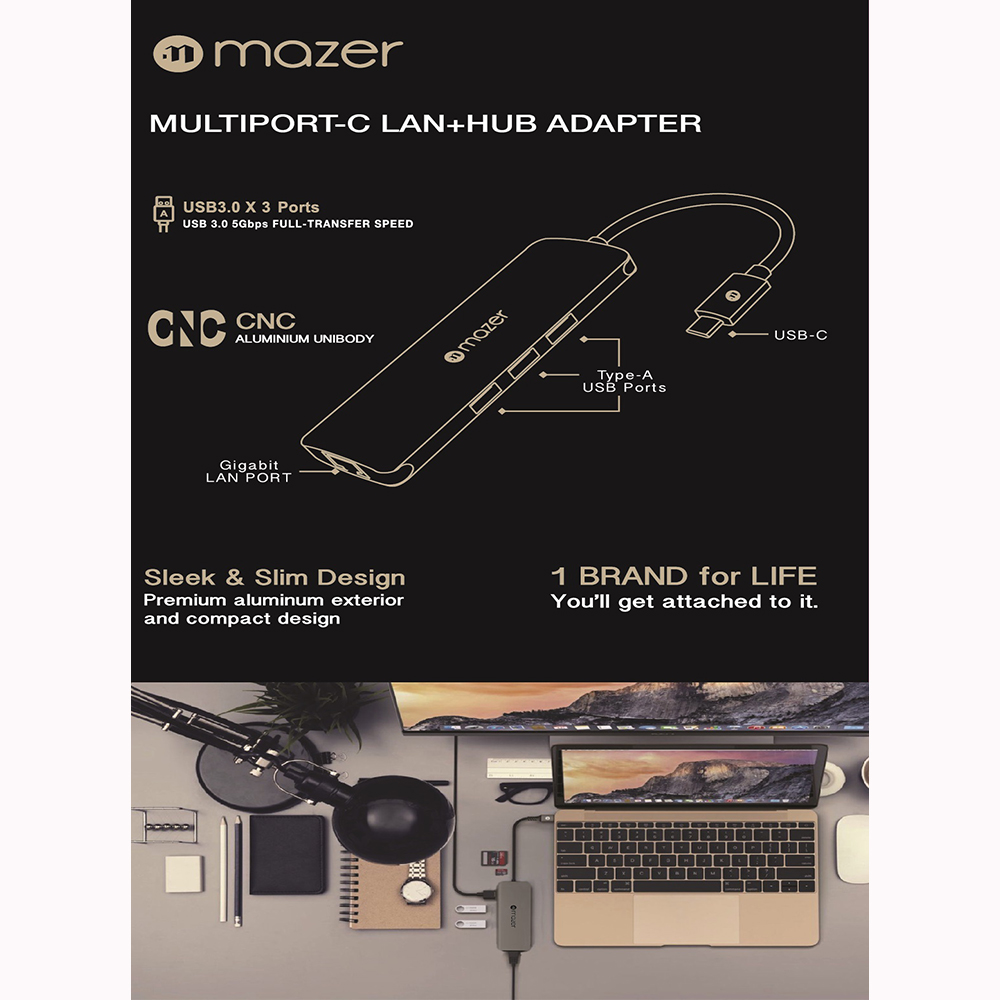 Cổng chuyển đổi Mazer USB - C to USB 3.0X3 Gigabit Ethernet - Hub chuyển đổi Mazer kiêm sạc nhanh cho thiết bị di động - Hàng Chính Hãng