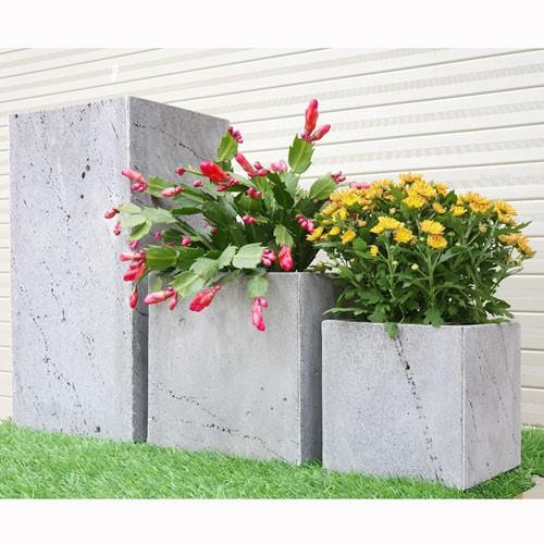 Bộ 3 chậu trồng cây đá ong xám tự nhiên R20xC40,V 20x20cm, V 15x15cm