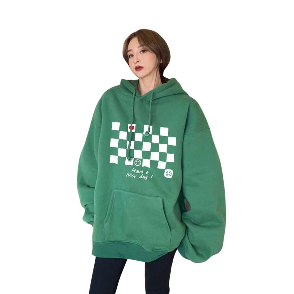 Hot Áo Hoodie bàn cờ 2 màu Xanh rêu, đen chất liệu nỉ bông siêu ấm Mẫu Trend 2023 fom rộng nam nữ.