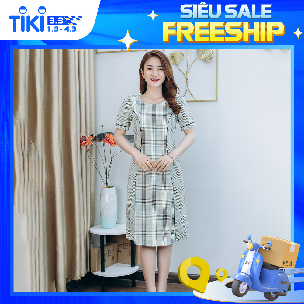 Đầm suông thiết kế trung niên sang trọng Cổ tròn tay ngắn màu Caro xanh TTV STORE TTV1272