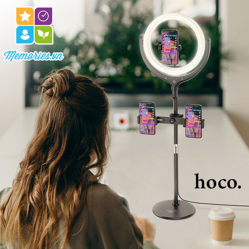 Bộ đèn tròn Livestream Hoco LV01 + kèm 3 kẹp điện thoại 4,7-6,5 inch, chân đế - Hàng chính hãng, chất lượng cao