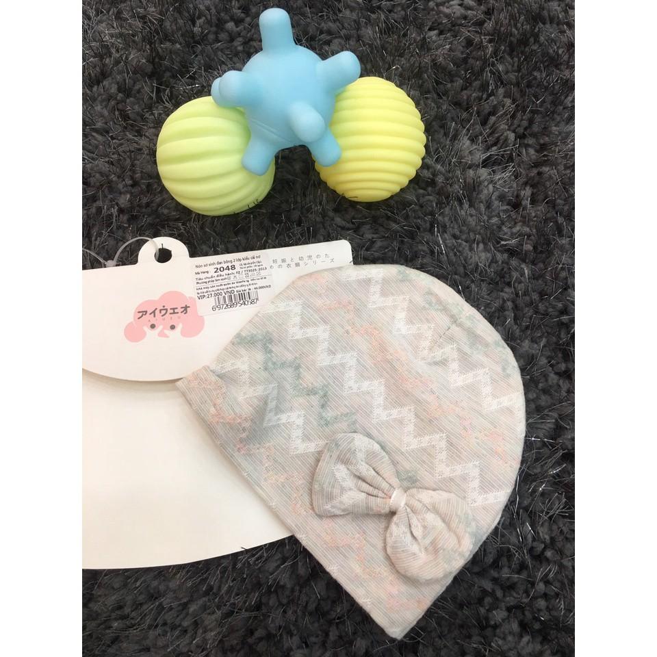 Nón sơ sinh đan bông 2 lớp kiểu cái nơ cho bé từ 0-6 tháng , chất liệu cotton 100% , thương hiệu Aiueo Nhật Bản