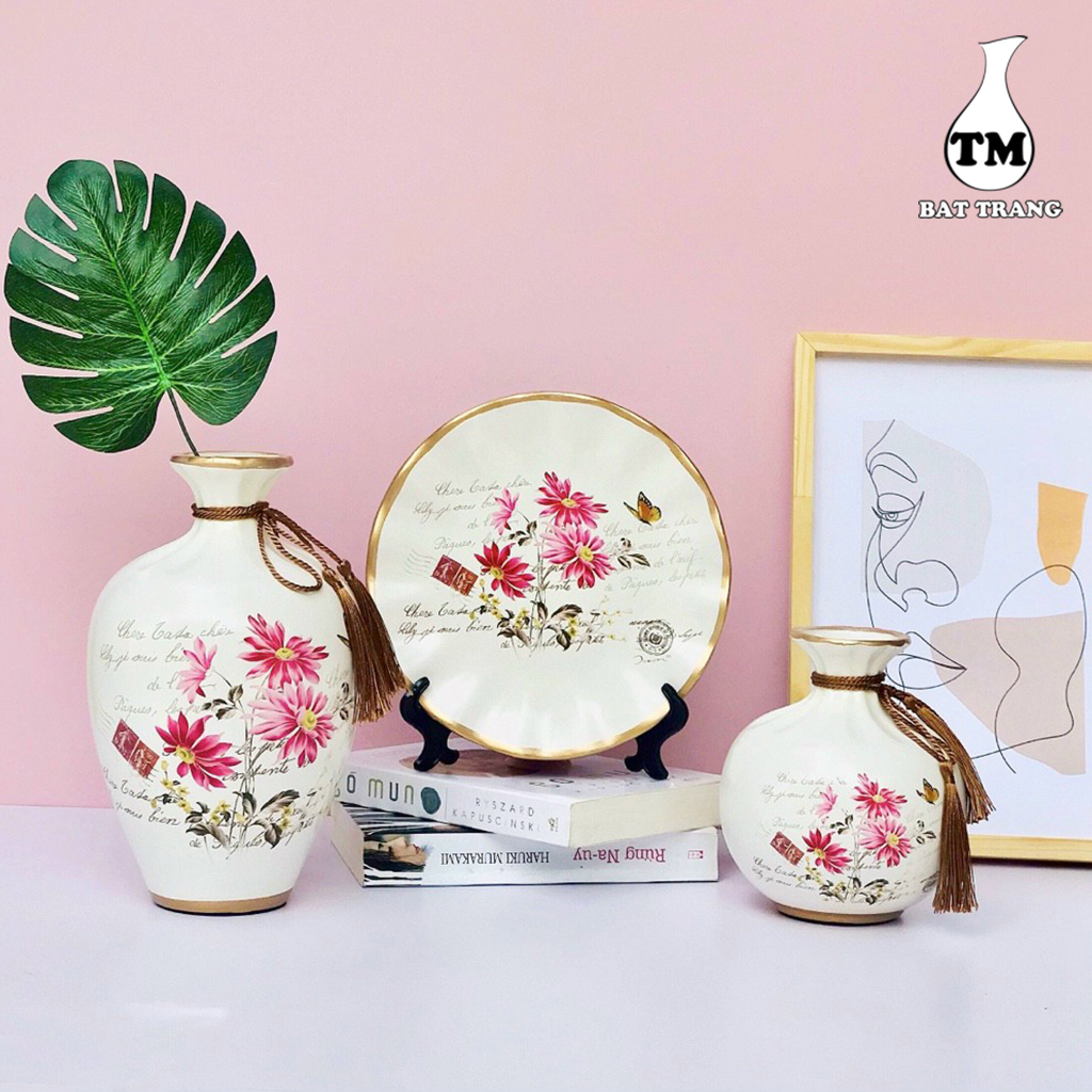 Set 3 Bình Hoa Xưởng Gốm TM Bát Tràng Họa Tiết Gốm Sứ Decor Cao Cấp (Giao mẫu ngẫu nhiên