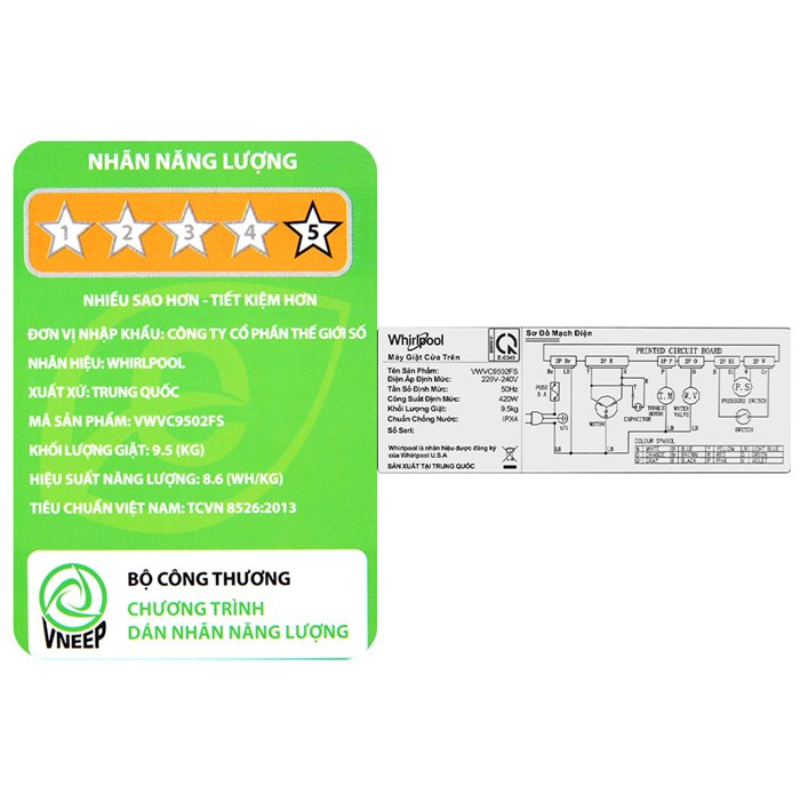 Máy giặt Whirlpool StainClean 9.5 kg VWVC9502FS - Hàng Chính Hãng