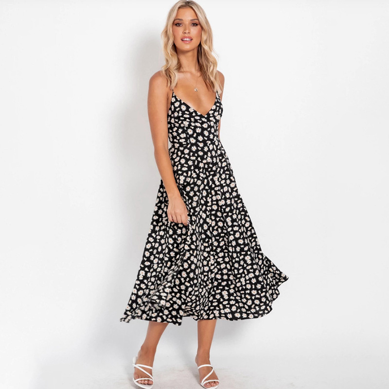 Sexy Women Boho Dress Floral Print Spaghetti Strap V Neck High Waist Backless Sleeveless Beach Spring Summer Dress