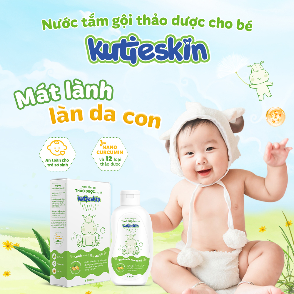 Nước tắm gội thảo dược cho bé Kutieskin 200ml, làm sạch dịu nhẹ, chăm sóc và bảo vệ da bé