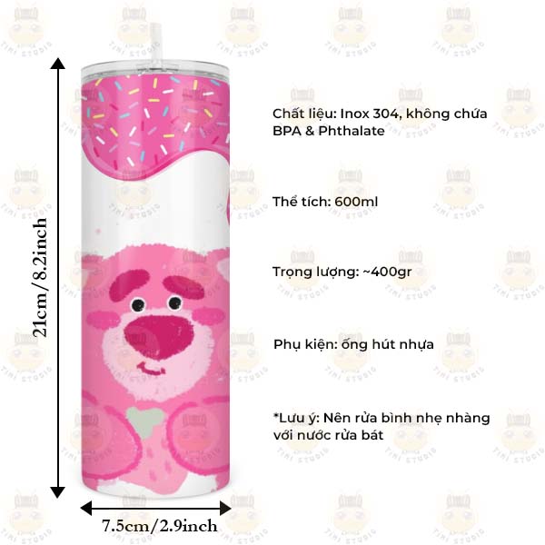 Bình Giữ Nhiệt Gấu Dâu Lotso - Ly Giữ Nhiệt Gấu Dâu Lotos - Cốc Giữ Nhiệt Gấu Dâu Lotso - 600ml - Inox 304 - Có Ống Hút