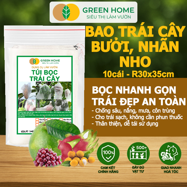 10 Túi Bọc Hoa Quả GreenHome, Ổi Bưởi Xoài Na Mướp (Có Nút Cài), Sử Dụng 3-5 Năm, Nhiều Kích Thước