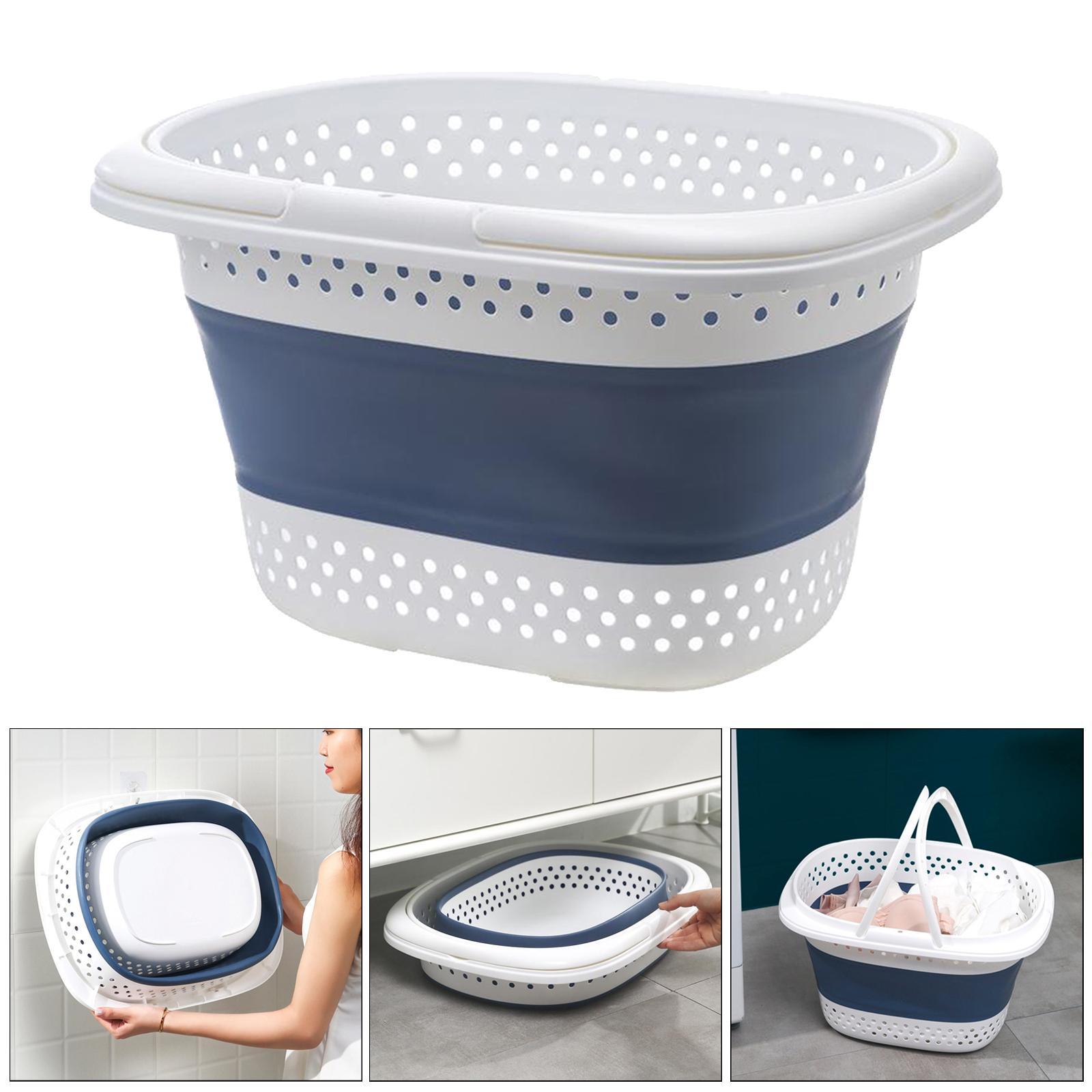 Collapsible Laundry Drain Basket Large Storage Bin with Handles Blue