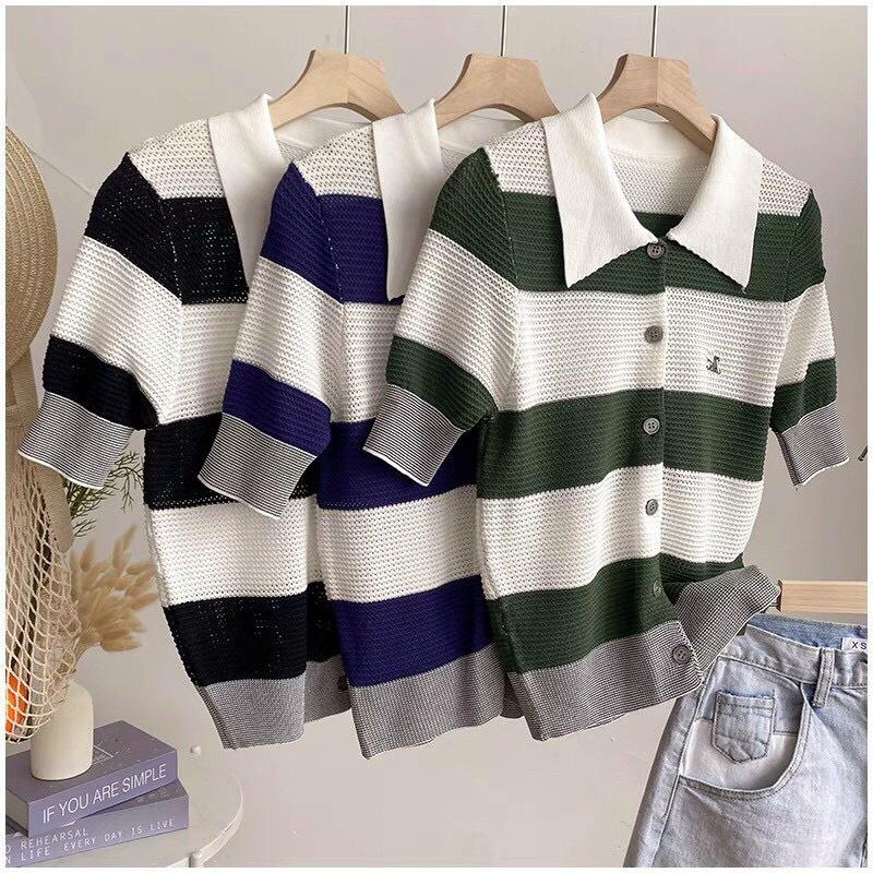 Áo len cổ bẻ kẻ ngang, Áo kiểu cài cúc bo chun ngắn tay co giãn AL9058 - NhiNhi Shop