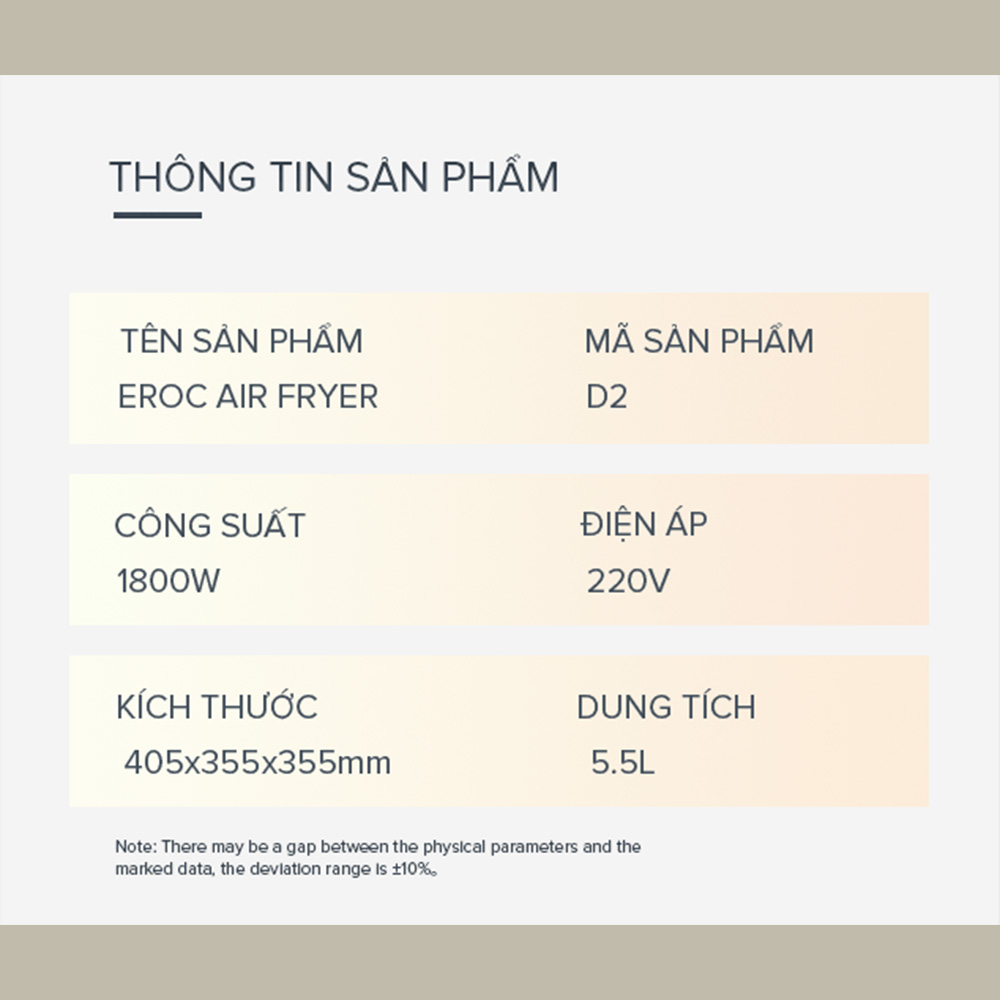 Nồi Chiên Không Dầu Eroc V-D2 Chống Dính 5.5L Chín Đều 2 Thanh Nhiệt Trên Dưới Không Cần Đảo Thức Ăn - Hàng Chính Hãng