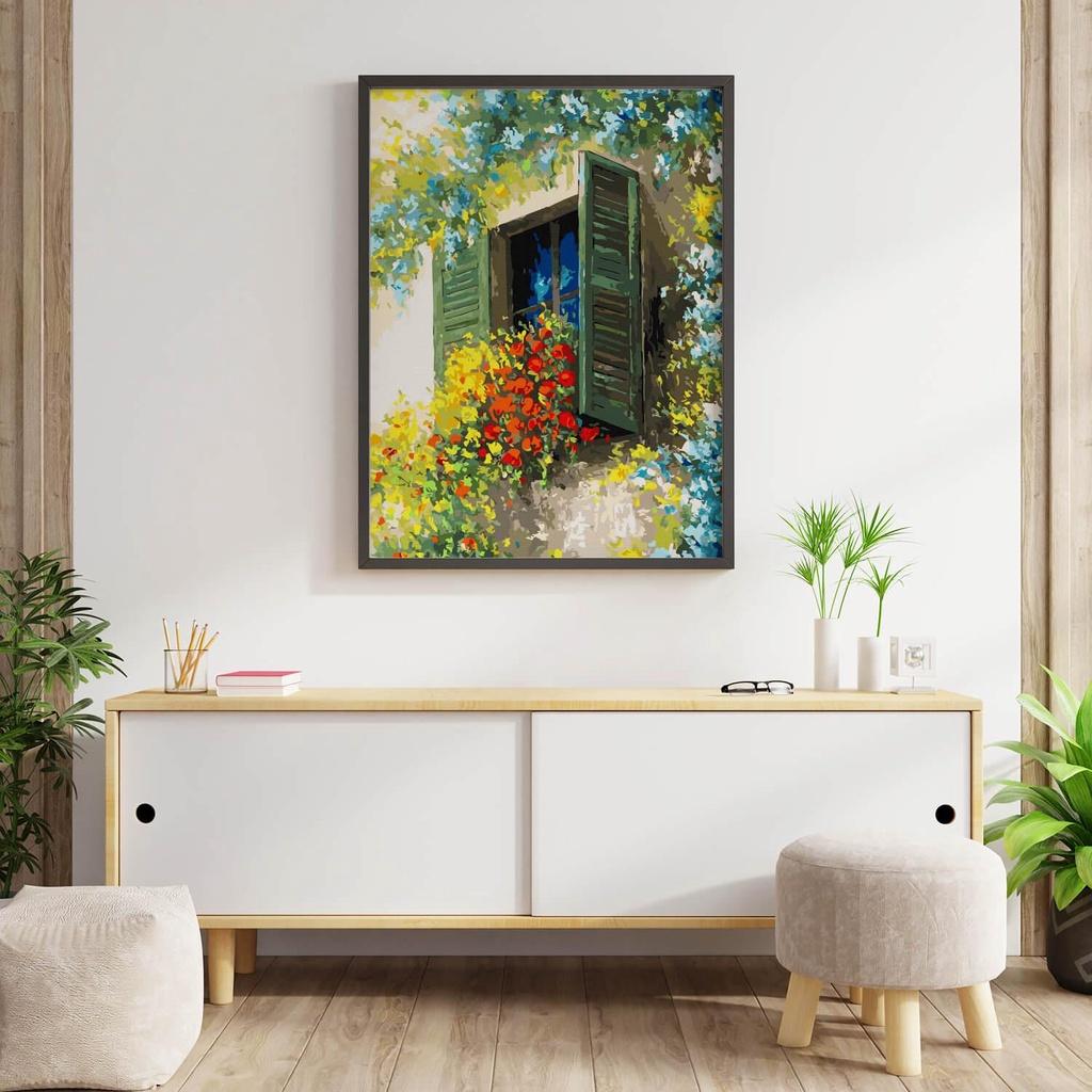 Tranh số hóa Cửa sổ đầy hoa đã căng khung 40x50cm