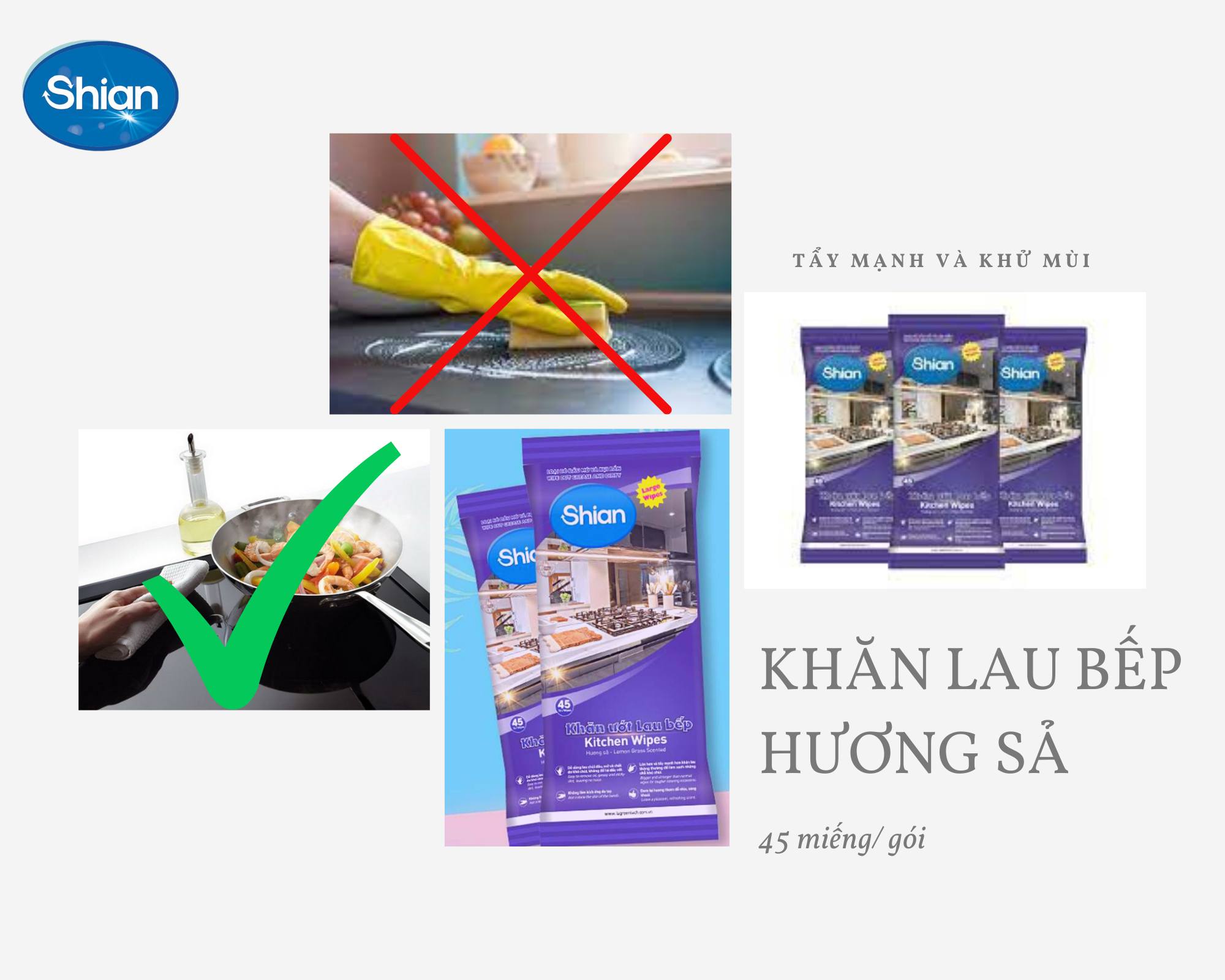 Combo 3 Khăn ướt lau bếp đa năng SHIAN Hương Sả Cao Cấp, đánh bay dầu mỡ nhanh chóng, dịu nhẹ với da tay - Gói Lớn 45 tờ