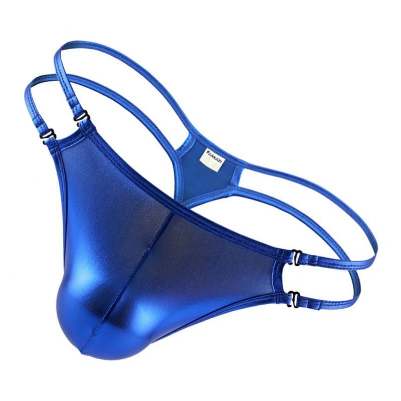 Men's Adjustable Wet Look Briefs Thong Underwear Tangas G-String T-back Blue