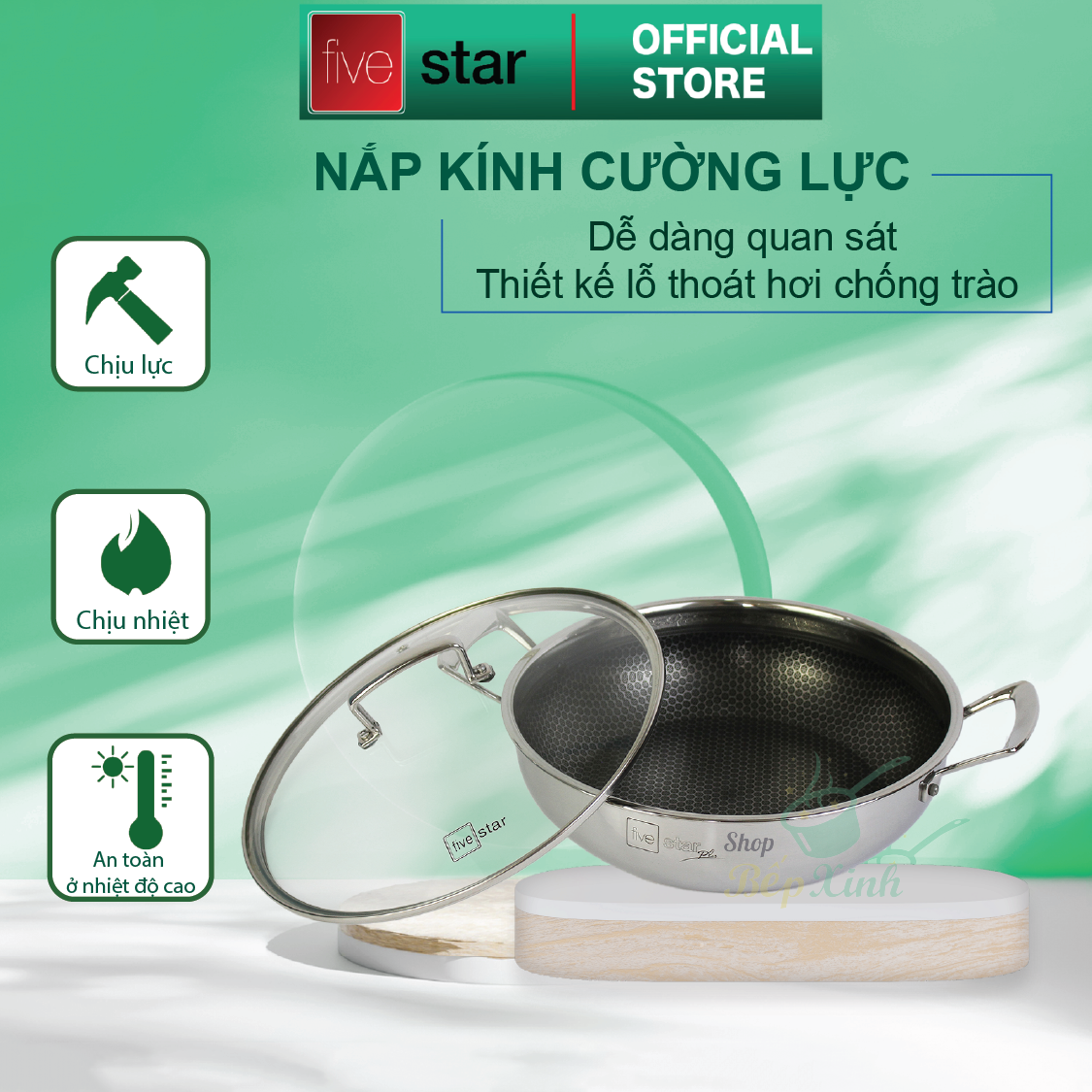 Chảo tổ ong chống dính 2 quai 3 lớp đáy liền inox 304 FiveStar Plush 24cm / 26cm /28cm , tặng 1 sạn inox