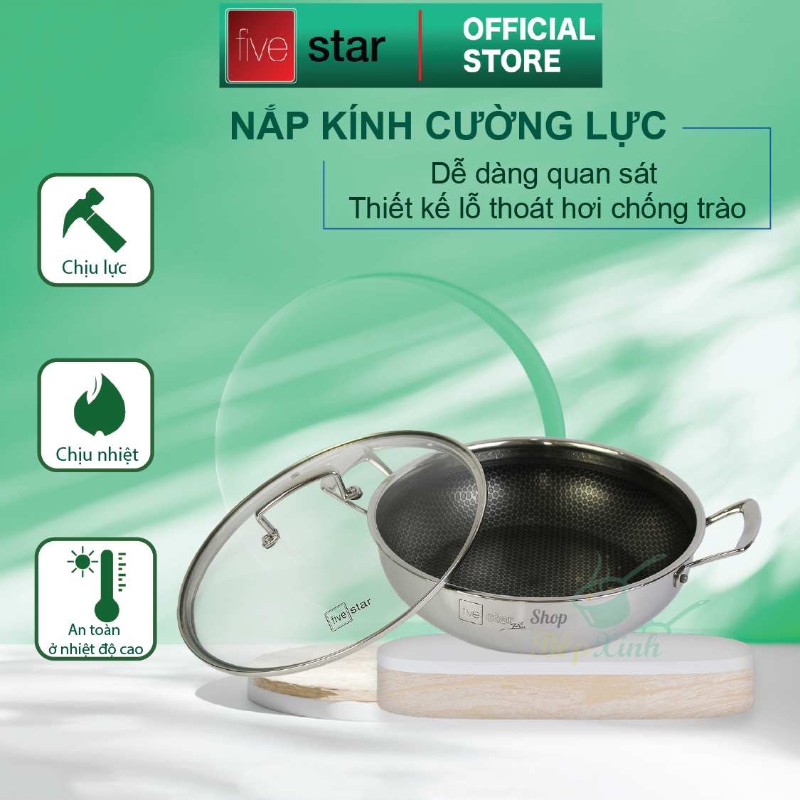 Chảo tổ ong chống dính 2 quai 3 lớp đáy liền inox 304  FiveStar Plush 24cm / 26cm /28cm  , tặng 1 sạn inox