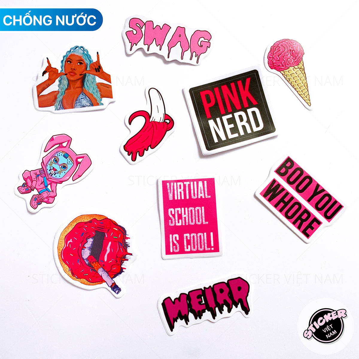 Sticker Màu Hồng Siêu Ngầu Swag Pink - Chất Liệu PVC Chất Lượng Cao Chống Nước - Kích Thước 4-8cm