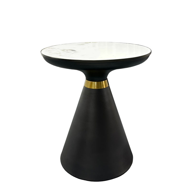 Bàn trà thấp mặt đá phiến TS0969-05E Nội thất Capta Bàn trang trí nhỏ gọn phòng khách mặt đá phiến trắng vân bóng chân sắt sơn hình nón viền inox màu vàng tại HCM