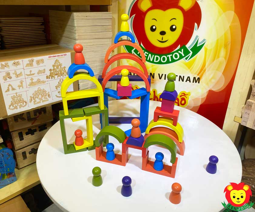 Bộ xếp hình cầu vồng khối xây dựng tạo hình Montessori, đồ chơi xếp hình 3D, giáo cụ mầm non