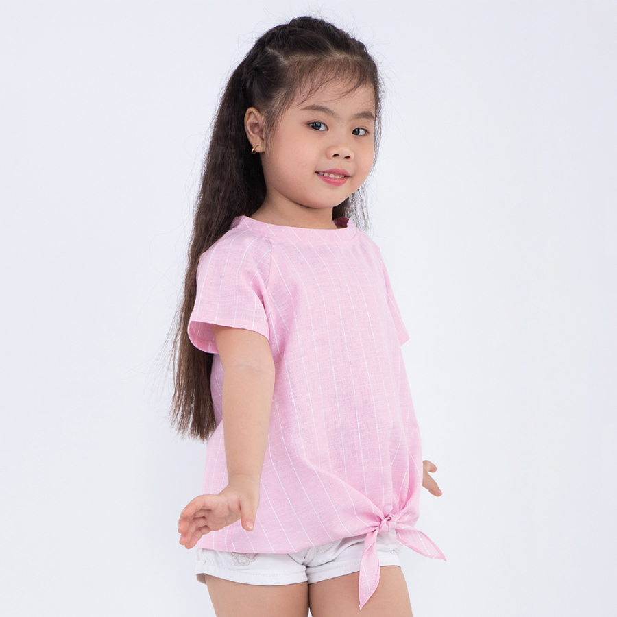 Áo Kiểu Bé Gái Sọc Hòng Cổ Tròn Cột Nơ Lưng UGETHER UKID169 (Size 3-4)