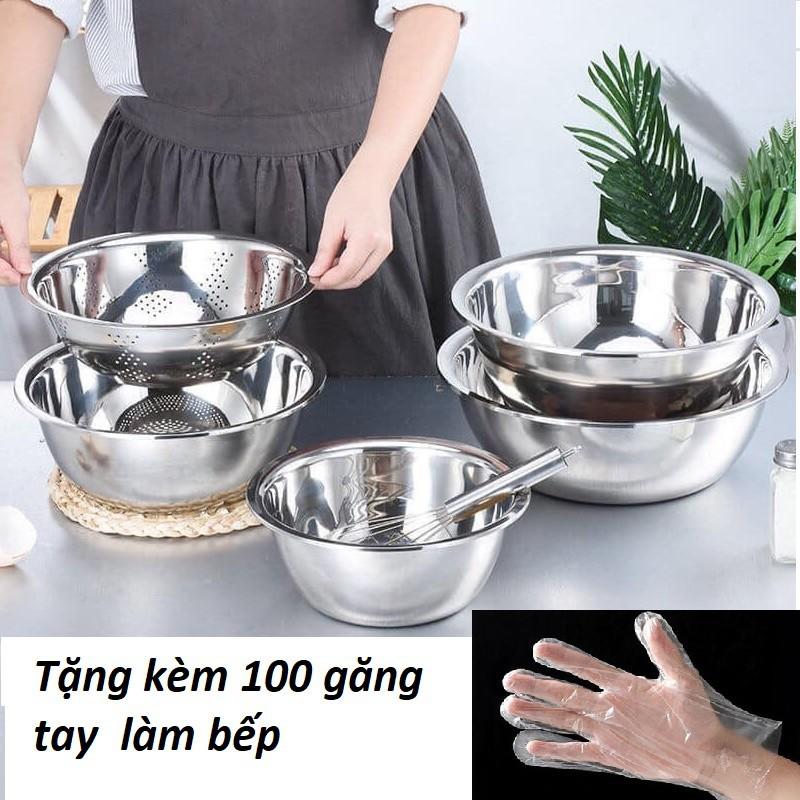 Bộ thau rổ 5 món inox+ tặng kèm 100 găng tay làm bếp