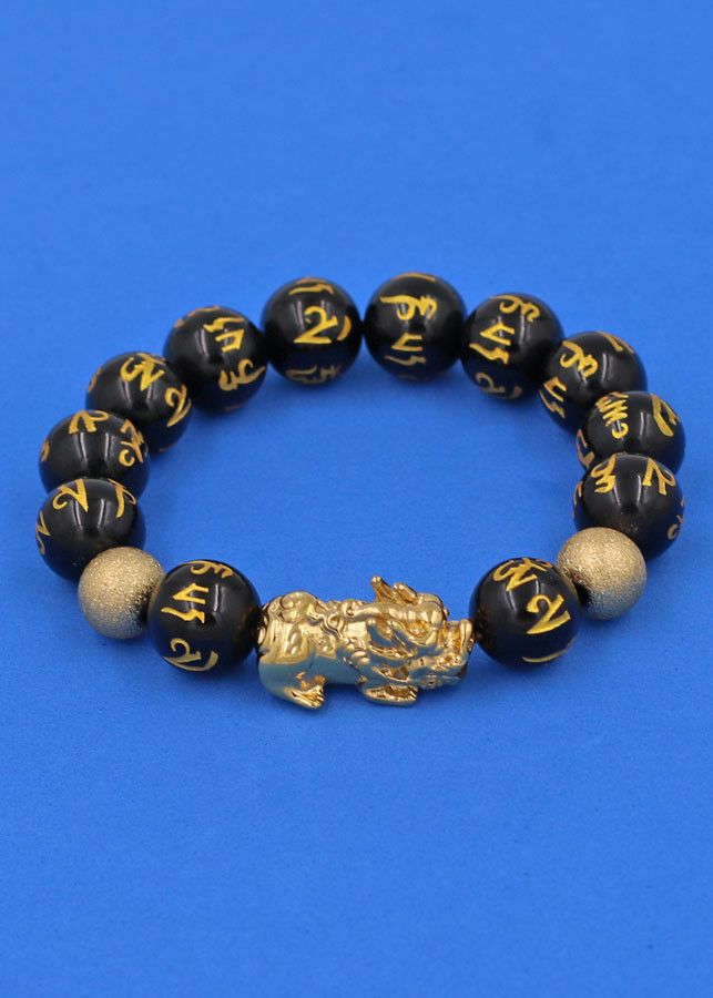Vòng tay đá Thạch Anh Đen khắc Phật Chú 12 ly - cẩn Tỳ Hưu Phong Thủy inox vàng VTAEPVTHHBV12 - hợp mệnh Thủy, mệnh Mộc