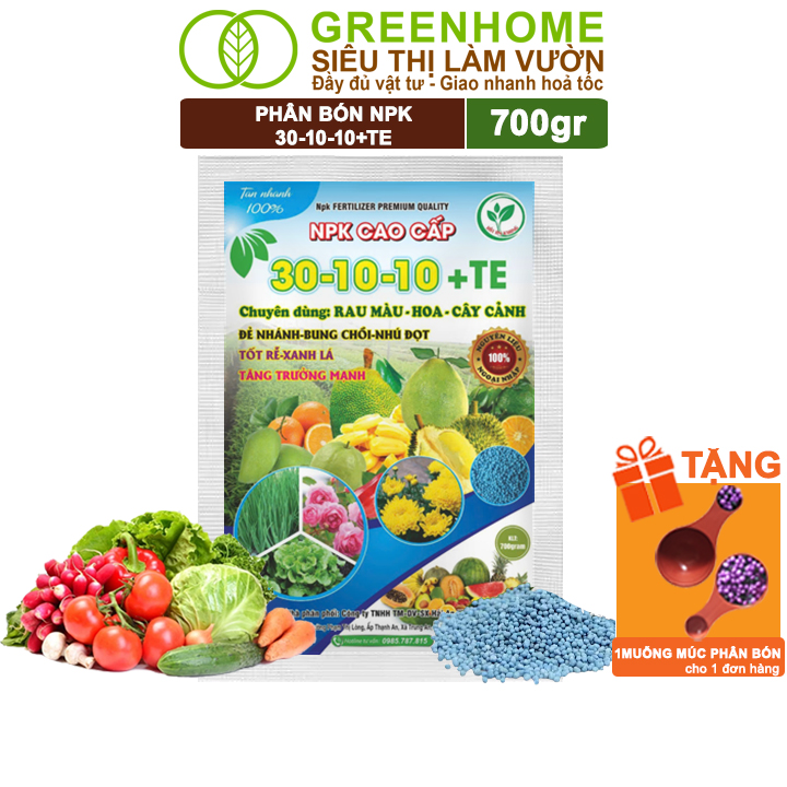 Phân Bón NPK 30-10-10+TE, Greenhome, Gói 700Gr, Giúp Cây Đẻ Nhánh, Bung Chồi, Nhú Đọt, Tốt Rễ