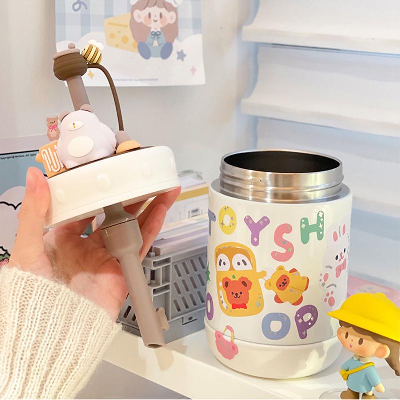 370Ml Gấu Giữ Nhiệt Bình Nước Có Ống Hút Dán Thép Không Gỉ Cách Nhiệt Nóng Cốc Uống Nước Quà Tặng Sinh Nhật Cho Trẻ Em con Trưởng Thành