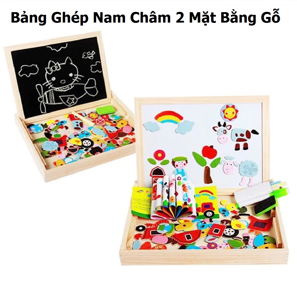 Bộ tranh ghép hình bằng gỗ nam châm 2 mặt bảng đen viết phấn vẽ tranh, Giáo cụ Montessor , Đồ chơi gỗ nhiều họa tiết cho Bé - Hàng Chính Hãng