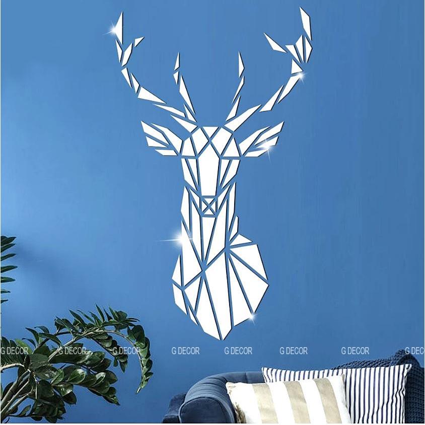 Decal dán tường 3D dạng gương hình đầu hươu làm bằng Acrylic dùng để trang trí nội thất, nhà cửa, decor phòng khách, spa