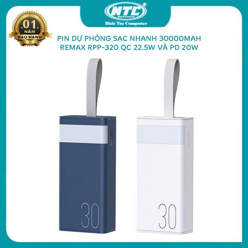 Pin dự phòng sạc nhanh Remax RPP-320 dung lượng 30000mAh có đèn pin - hỗ trợ QC 22.5 và PD 20W (2 màu tuỳ chọn) - Hàng Chính Hãng