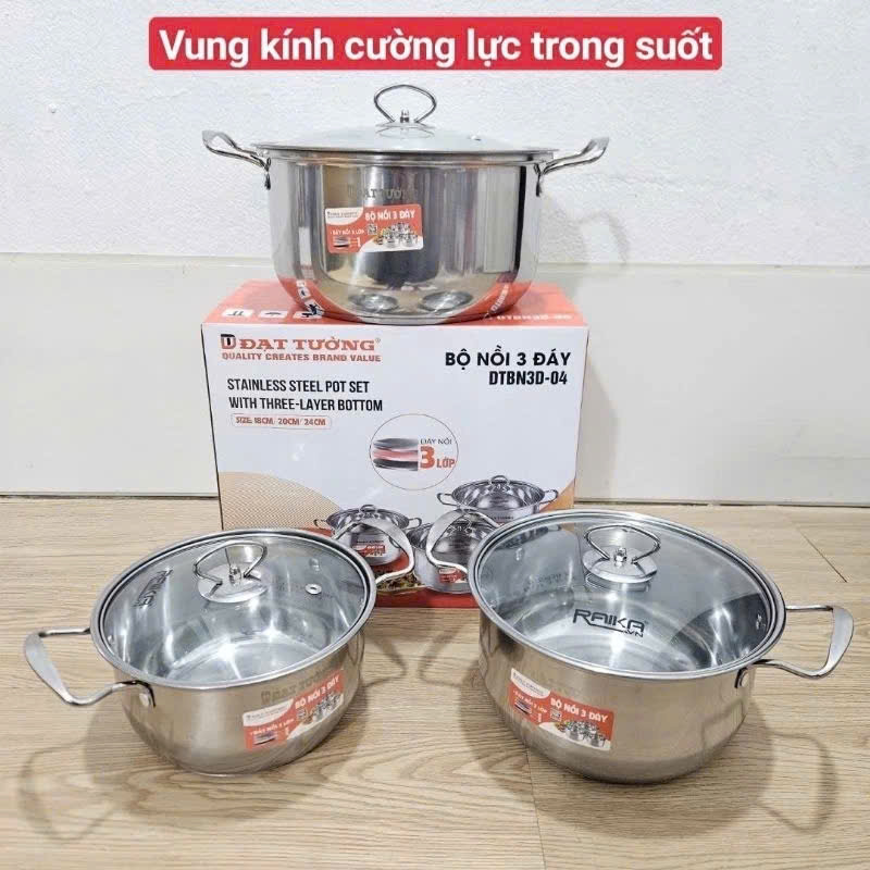 Bộ 3 Nồi Inox Cao Cấp Nắp Kính Cường Lực Có Lỗ Thông Hơi Chống Tràn Size 18, 20, 24cm 3 Đáy Dùng Cho Mọi Loại Bếp