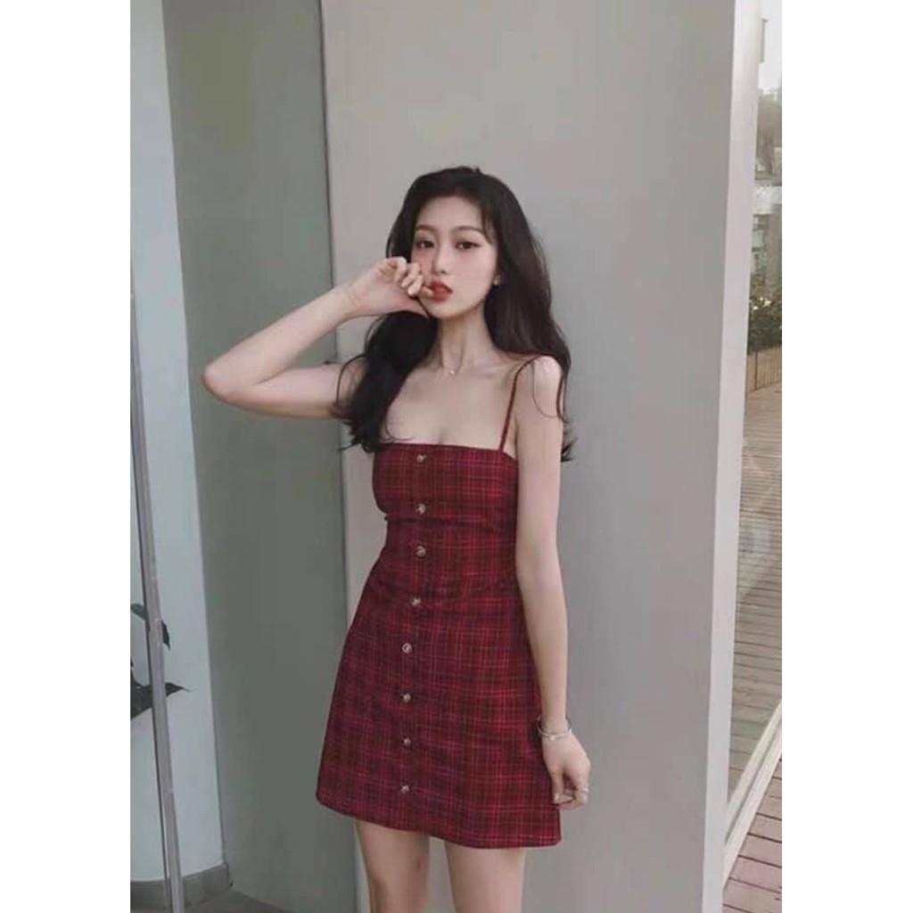 Đầm 2 dây kẻ đỏ thắt nơ sau đi chơi ,đi biển siêu xinh - Váy hai dây kẻ cá tính