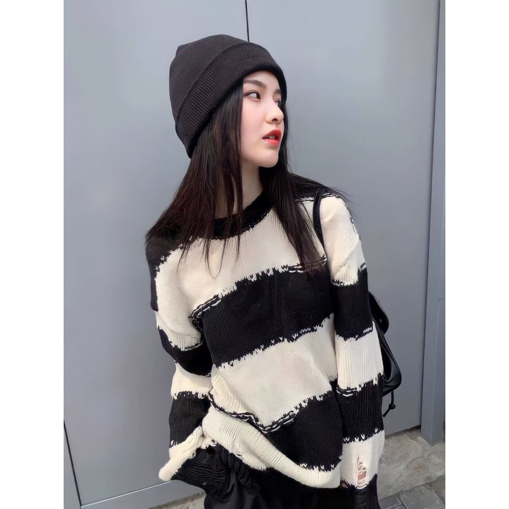 Áo Sweater Len Nữ Dáng Thụng Kẻ Ngang Dài Tay Dáng Thụng Phối Màu