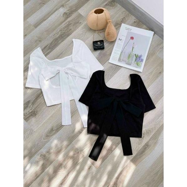 Áo croptop cột nơ voan tay ngắn