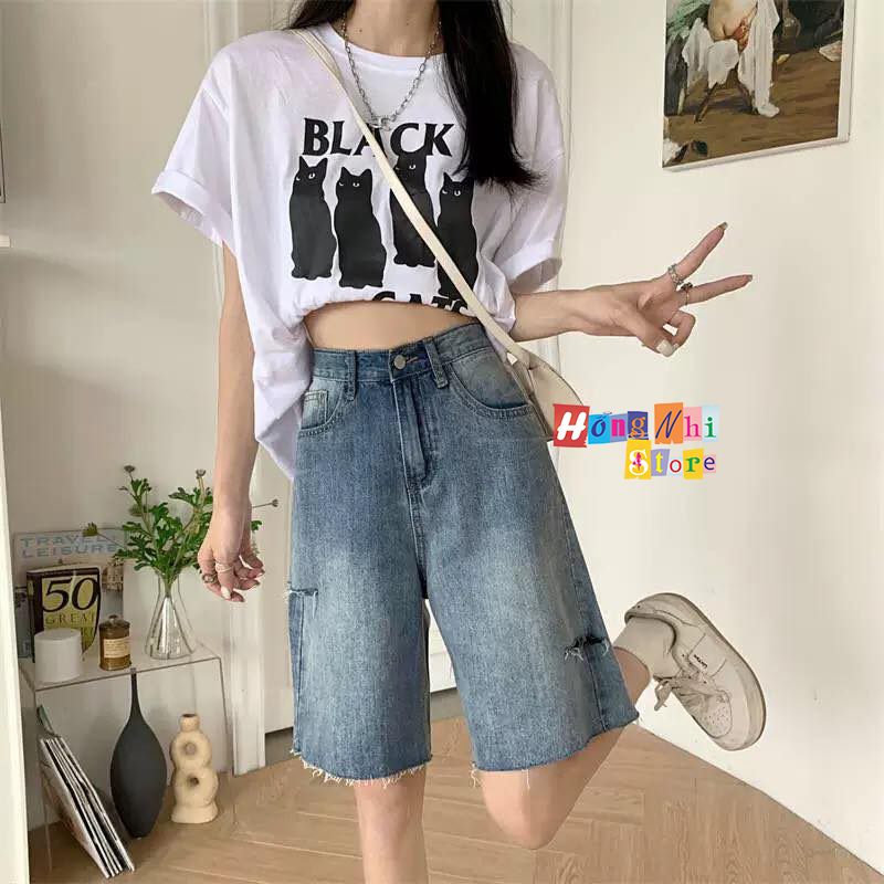 Quần Short Jean Ngố Đùi Rách Gối Cạp Cao Ống Rộng Ulzzang - MM