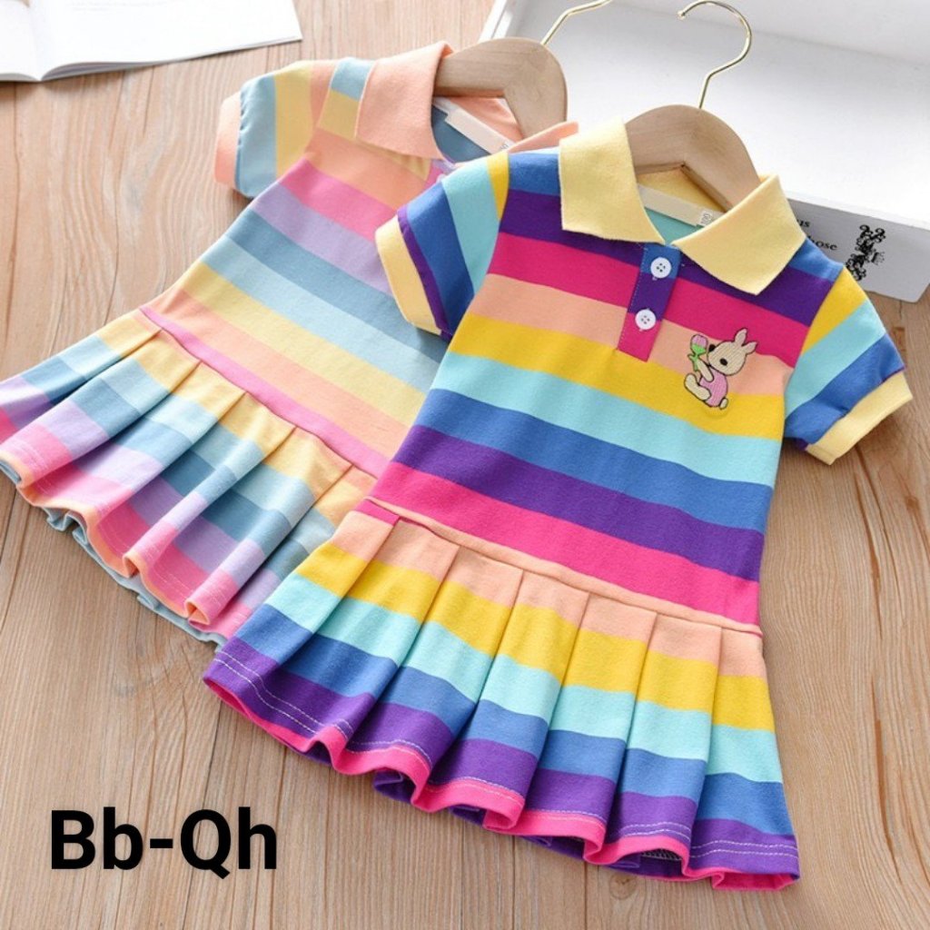 Đầm suông cho bé gái màu cầu vồng phong cách Hàn Quốc từ 10-40kg chất cotton mềm mát