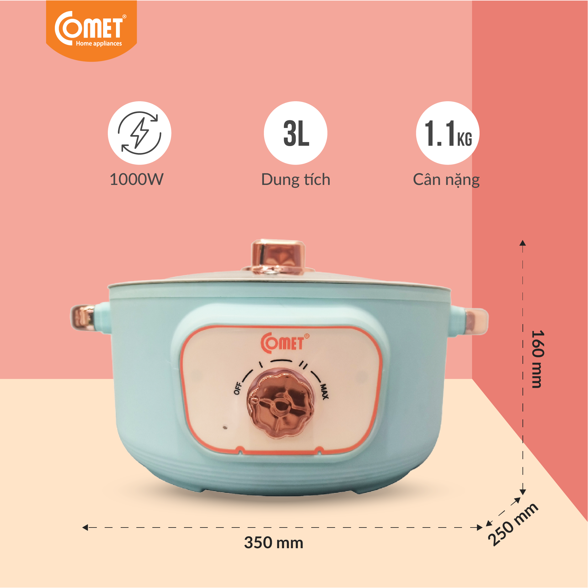 Nồi lẩu điện 3L COMET CM7735 công suất 1000W - Hàng Chính Hãng