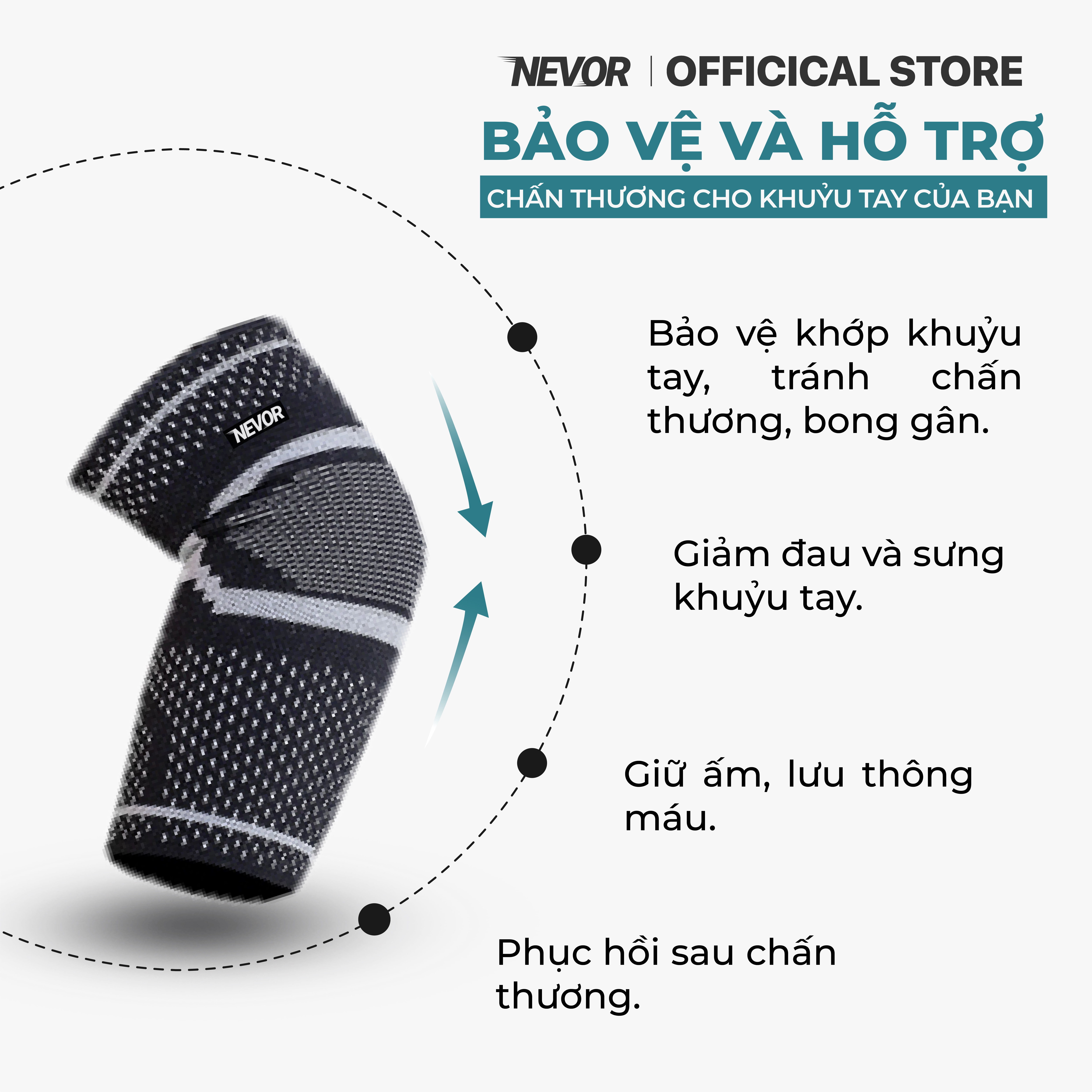 Bó khuỷu tay, cùi trỏ Nevor BKT01 bảo vệ, giảm thiểu chấn thương, hỗ trợ hồi phục sử dụng trong các môn thể thao gym...