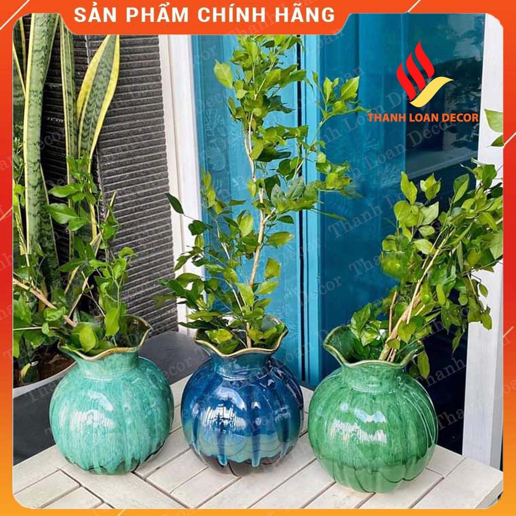 Lọ hoa decor 16 cm - Bát Tràng cao cấp - Bình hoa gốm trang trí dáng quả lựu nhỏ đẹp - Màu xanh