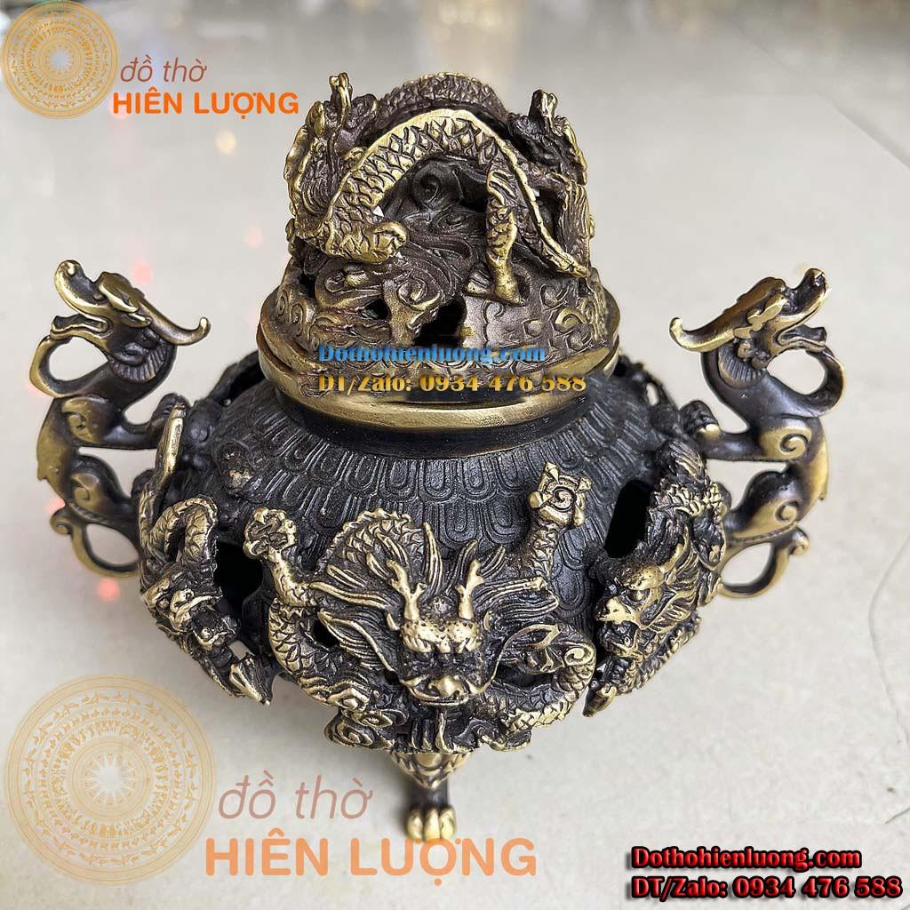 Đỉnh Xông Trầm Song Long Chầu Nguyệt Thủng Màu Đen Bằng Đồng Phong Thủy